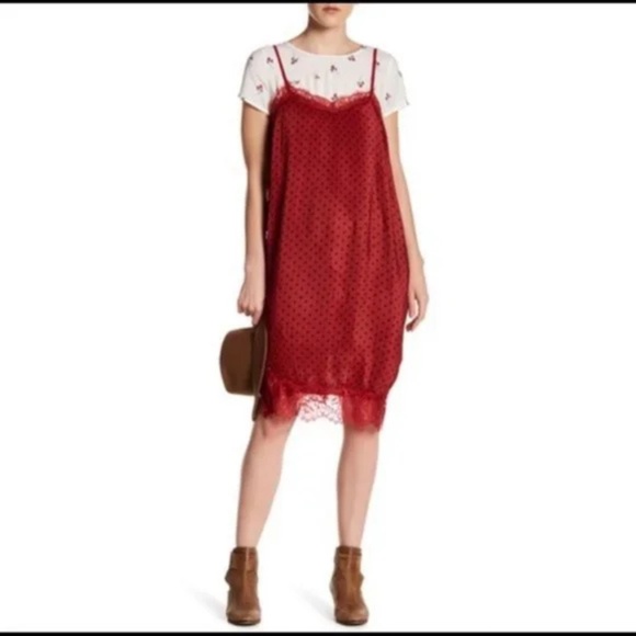 Free People Margot Slip Dress Red With Black Polka Dots (2) - Picture 2 of 6